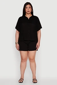 Womens Plus High Waisted Shorts with Pockets and Drawstring, Black,