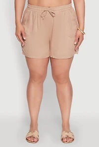 Womens Plus High Waisted Shorts with Pockets and Drawstring, Khaki,