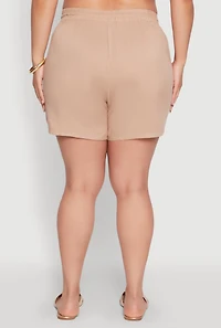Womens Plus High Waisted Shorts with Pockets and Drawstring, Khaki,