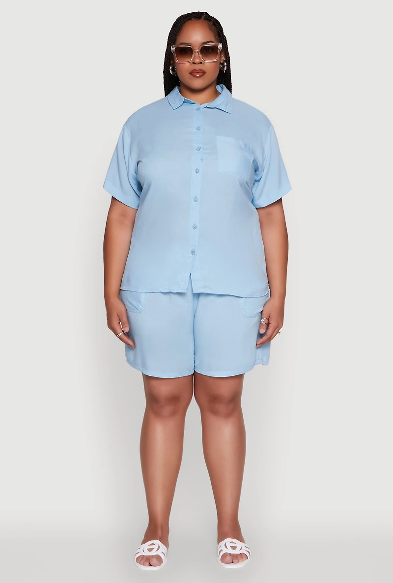 Womens Plus High Waisted Shorts with Pockets and Drawstring,