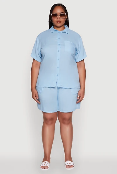 Womens Plus High Waisted Shorts with Pockets and Drawstring,