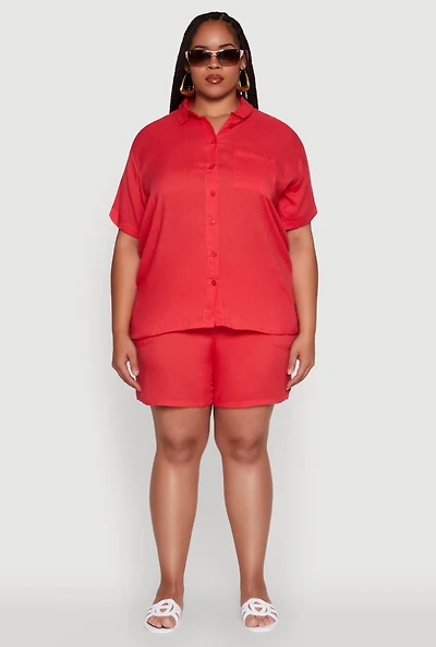 Womens Plus Size High Waisted Shorts with Pockets and Drawstring, Red, Size 3X