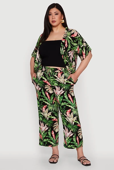 Womens Plus Size Tropical Leaf Print High Waisted Palazzo Pants, Multi, Size 3X