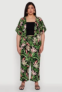 Womens Plus Size Tropical Leaf Print High Waisted Palazzo Pants, Multi, Size 1X
