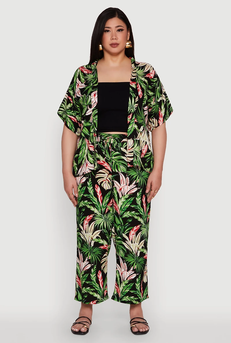 Womens Plus Size Tropical Leaf Print High Waisted Palazzo Pants, Multi, Size 3X