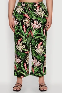 Womens Plus Size Tropical Leaf Print High Waisted Palazzo Pants, Multi, Size 1X