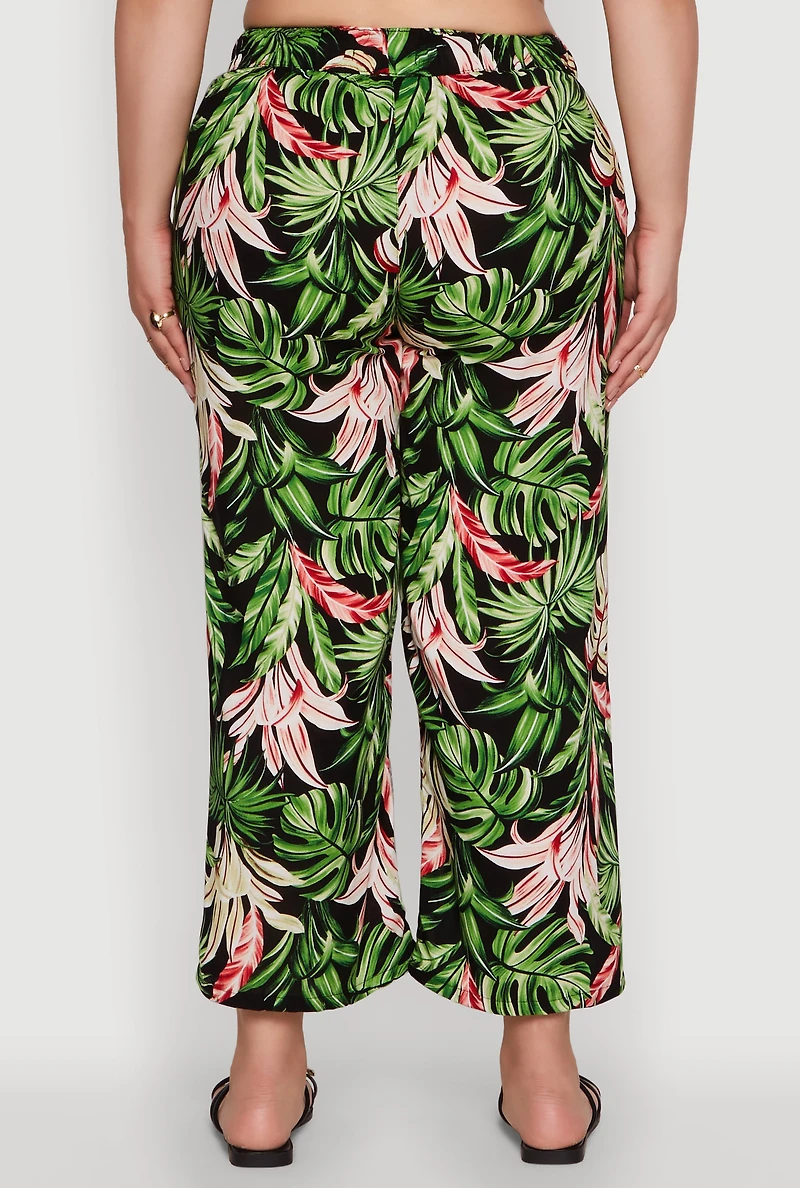 Womens Plus Size Tropical Leaf Print High Waisted Palazzo Pants, Multi, Size 3X