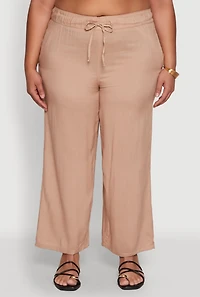 Womens Plus Size Drawstring Palazzo Pants, Khaki, Size 2X