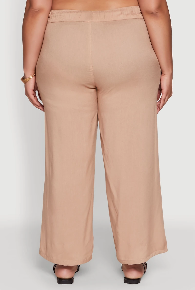 Womens Plus Size Drawstring Palazzo Pants, Khaki, Size 2X