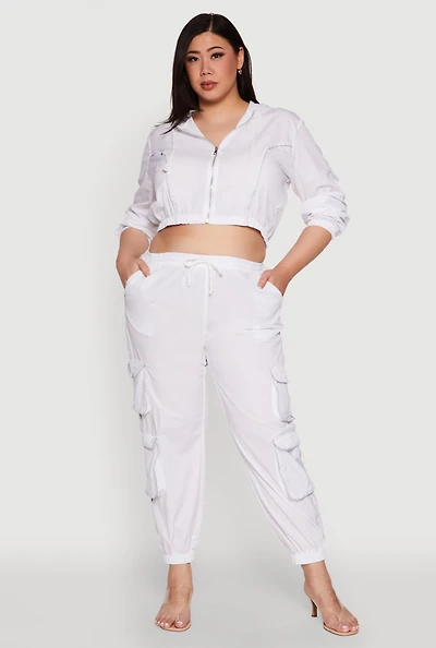 Womens Plus Size Drawstring Cargo Pocket Joggers, White, Size 3X