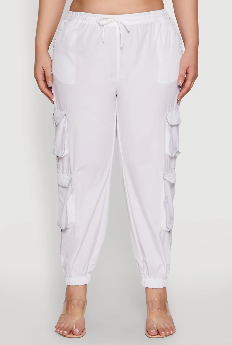 Womens Plus Size Drawstring Cargo Pocket Joggers, White, Size 3X