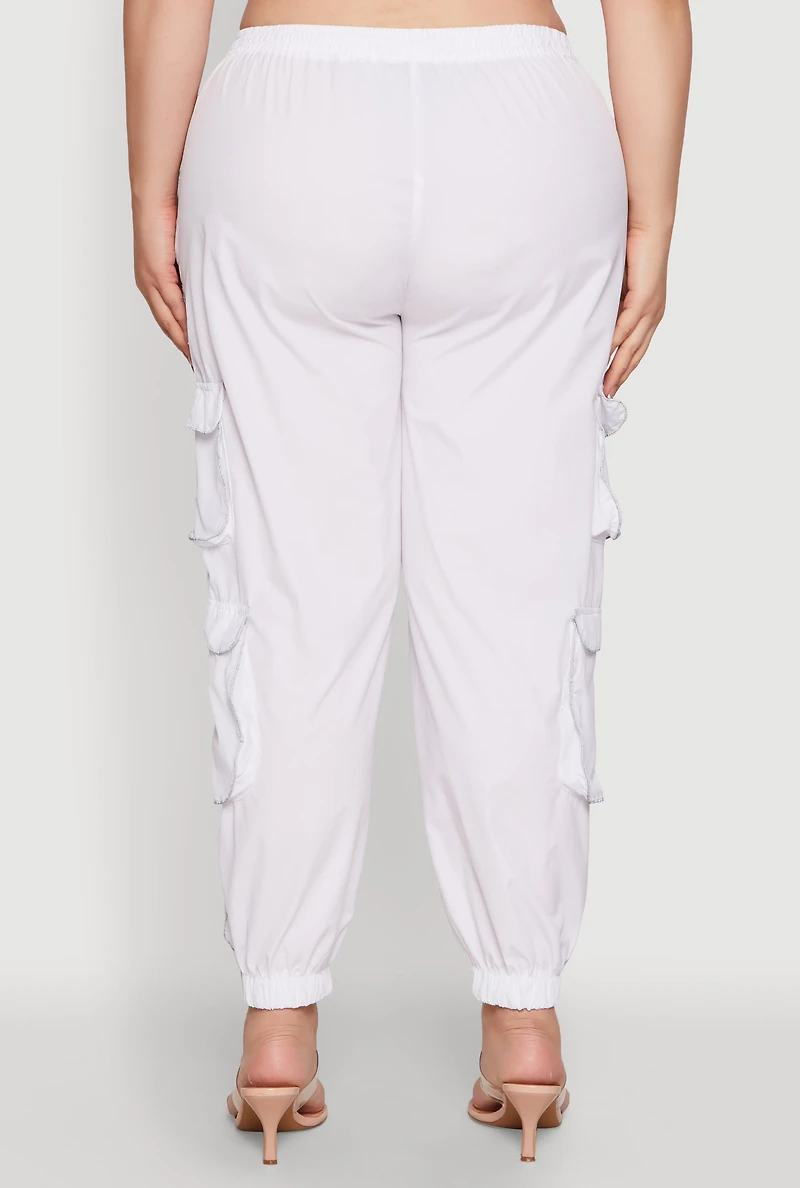 Womens Plus Size Drawstring Cargo Pocket Joggers, White, Size 3X