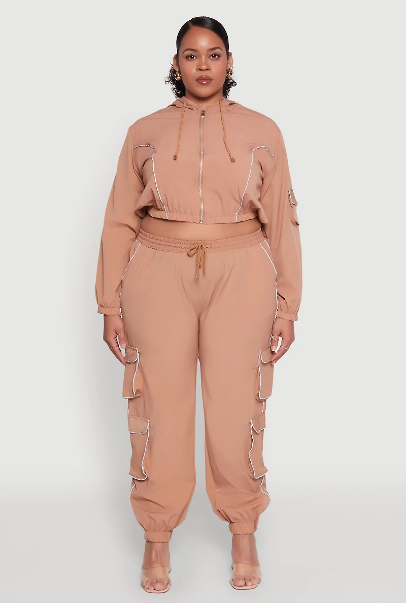 Womens Plus Size Drawstring Cargo Pocket Joggers, Brown, Size 2X