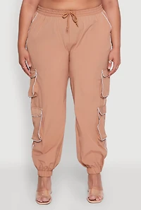 Womens Plus Size Drawstring Cargo Pocket Joggers, Brown, Size 2X