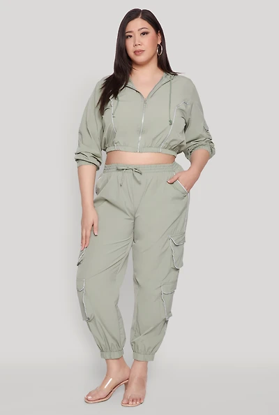 Womens Plus Size Drawstring Cargo Pocket Joggers, Green, Size 3X