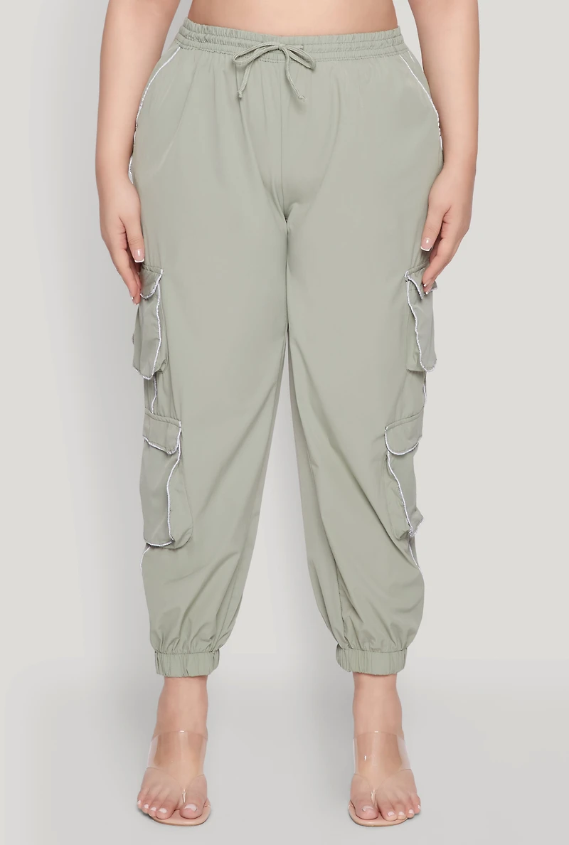Womens Plus Size Drawstring Cargo Pocket Joggers, Green, Size 3X