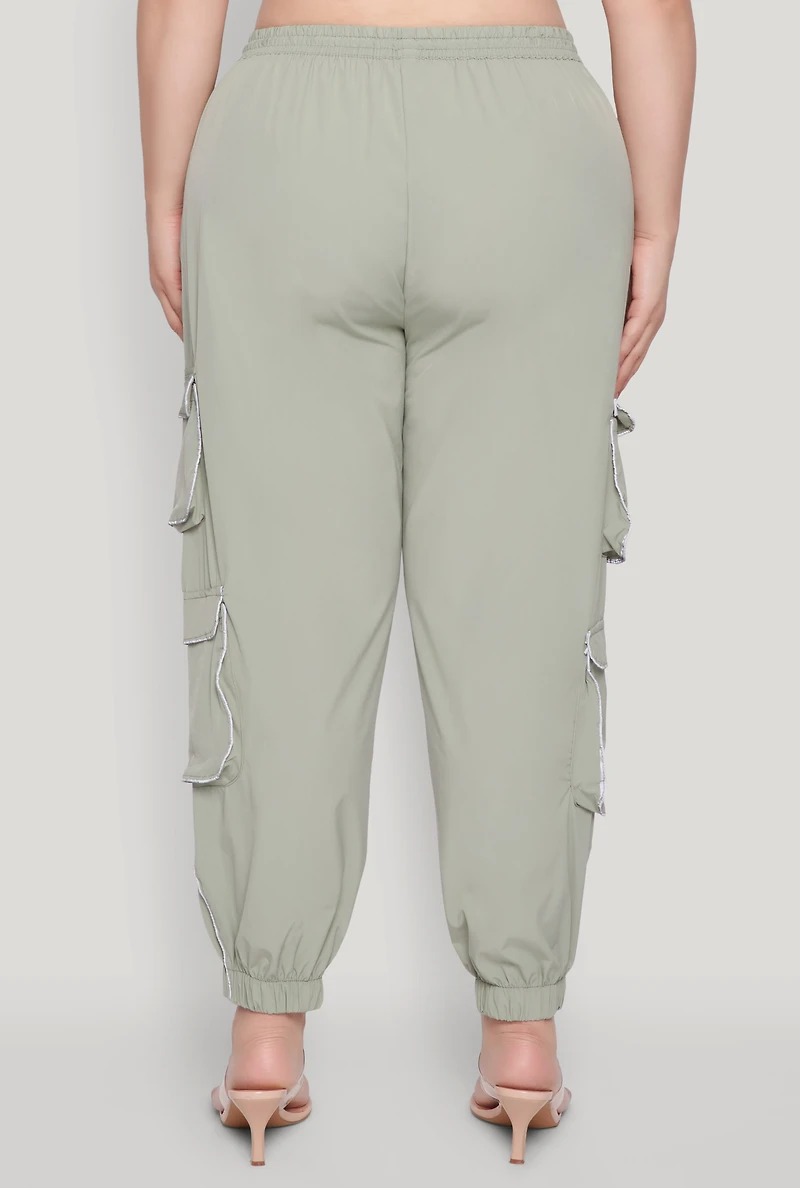 Womens Plus Size Drawstring Cargo Pocket Joggers, Green, Size 3X