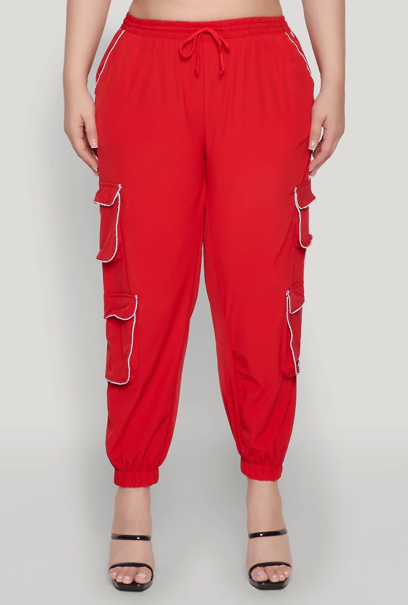 Womens Plus Size Drawstring Cargo Pocket Joggers, Red, Size 2X