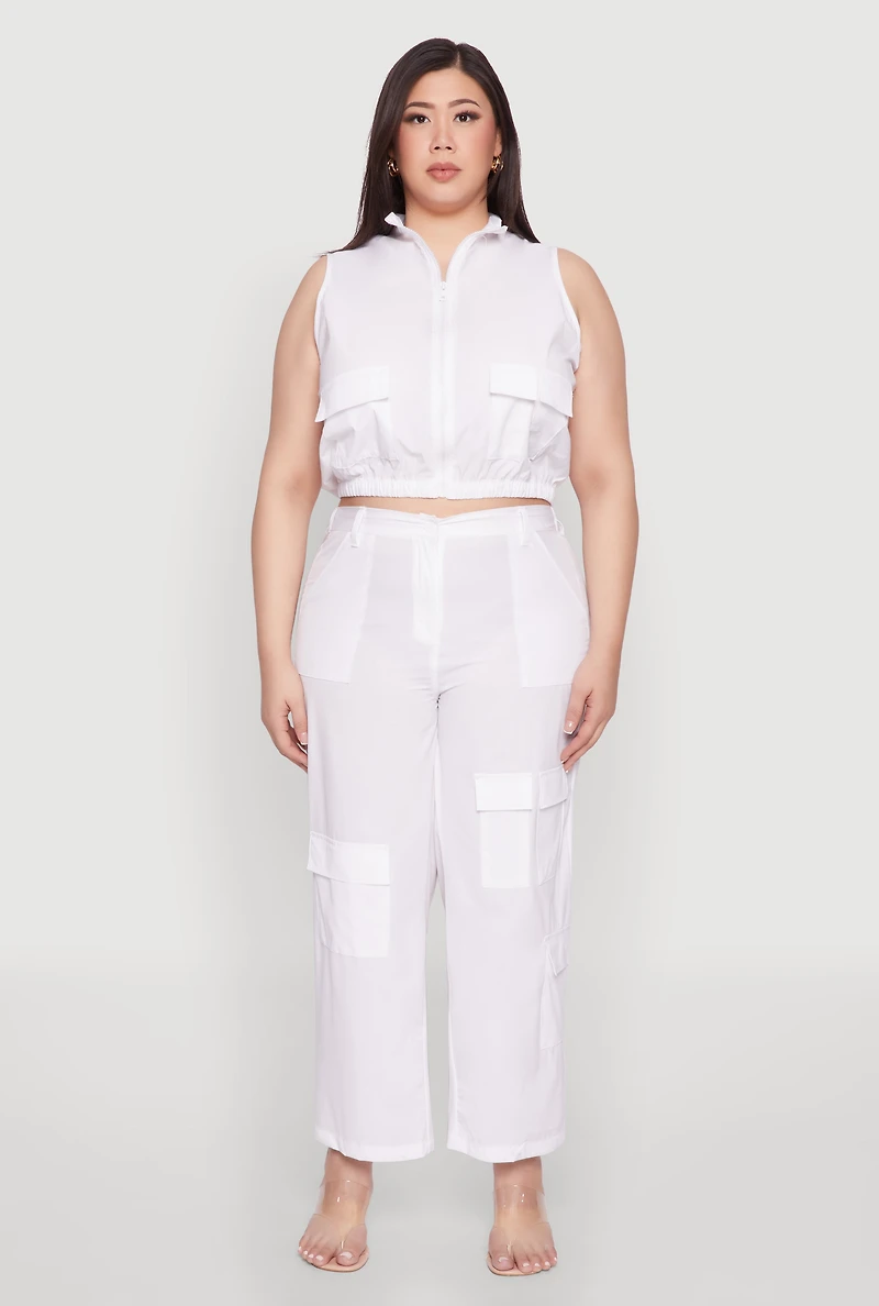 Womens Plus Wide Leg Cargo Pants, White,