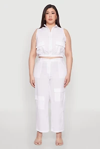 Womens Plus Wide Leg Cargo Pants, White,