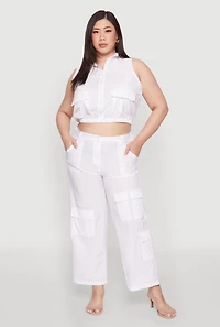 Womens Plus Wide Leg Cargo Pants, White,