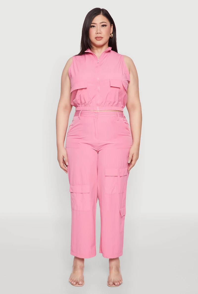 Womens Plus Size Wide Leg Cargo Pants, Pink, Size 2X