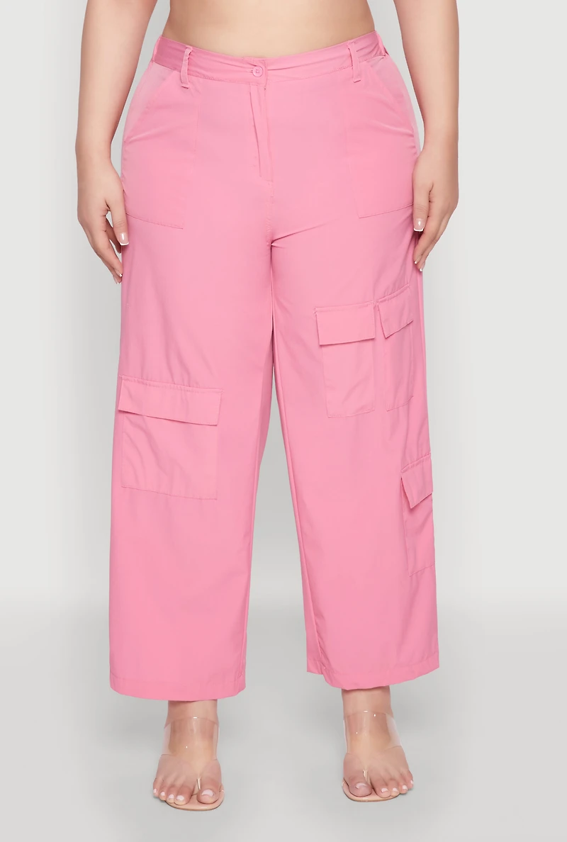 Womens Plus Size Wide Leg Cargo Pants, Pink, Size 2X