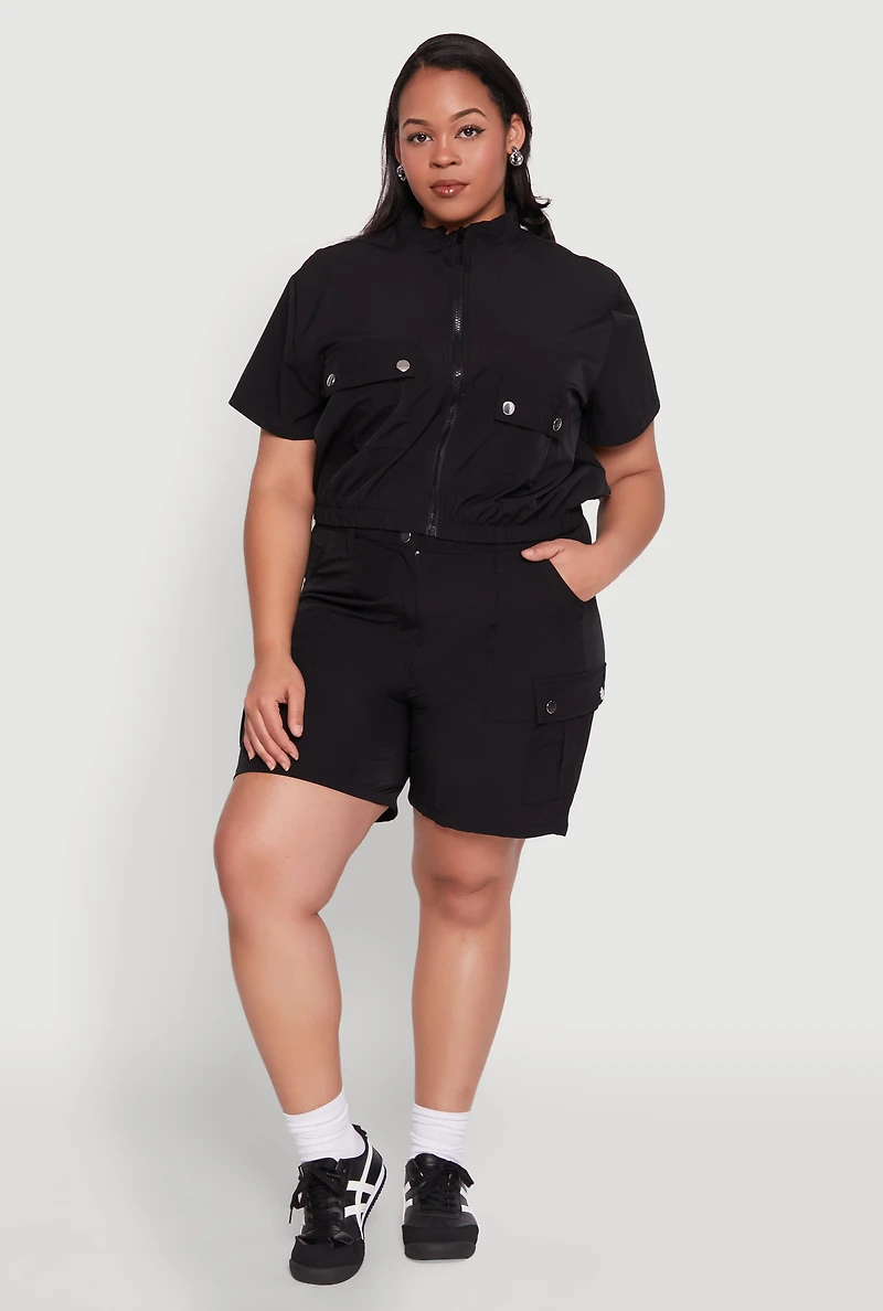 Womens Plus Size Nylon Utility Zip Up Top, Black, Size 2X