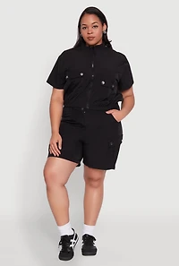 Womens Plus Size Nylon Utility Zip Up Top, Black, Size 2X