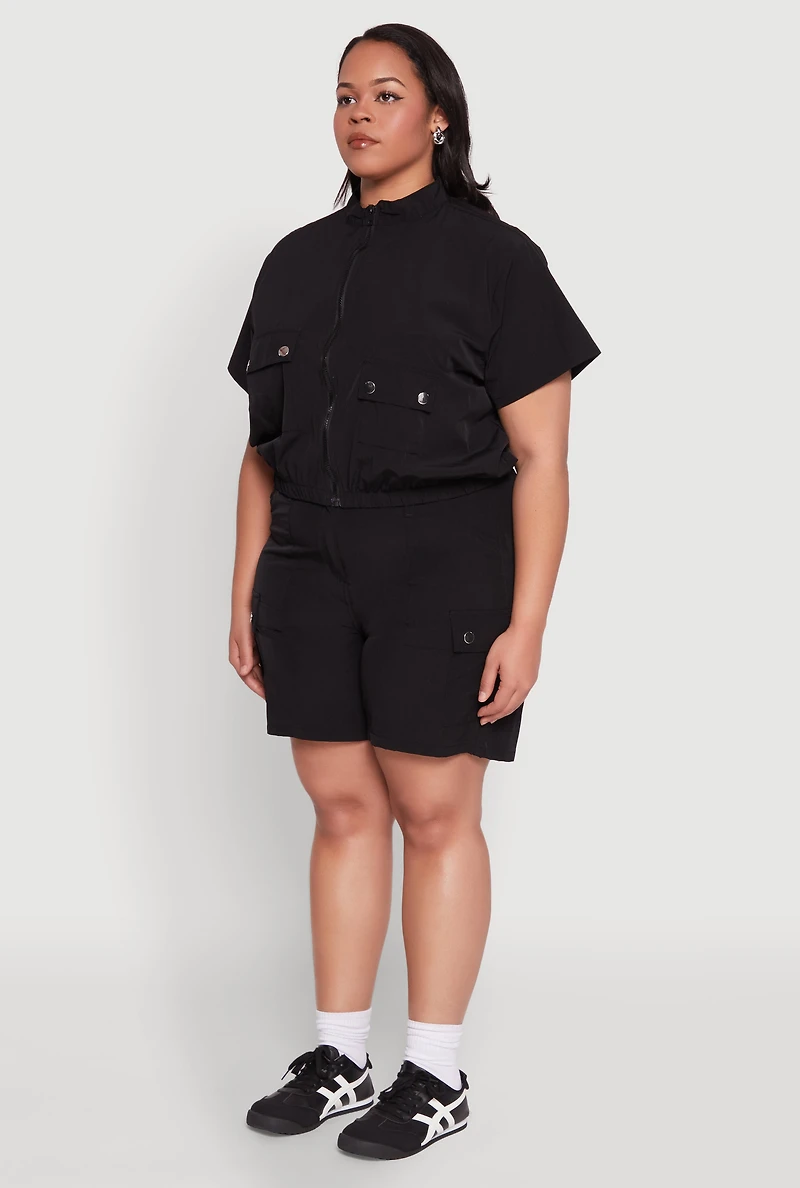 Womens Plus Size Nylon Utility Zip Up Top, Black, Size 2X