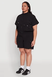 Womens Plus Size Nylon Utility Zip Up Top, Black, Size 2X