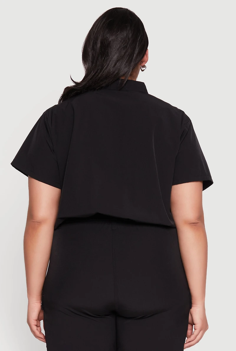 Womens Plus Size Nylon Utility Zip Up Top, Black, Size 2X