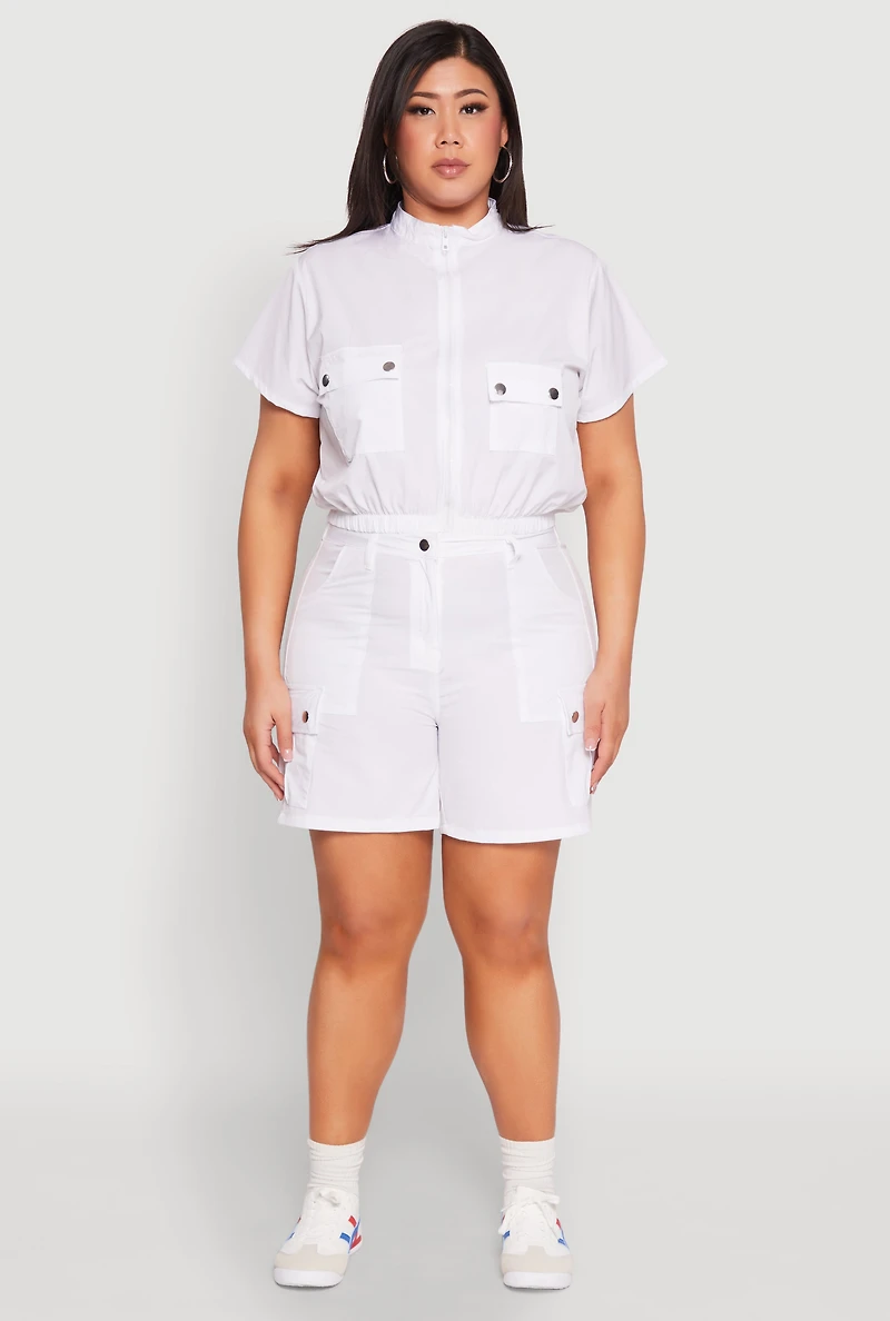 Womens Plus Size Nylon Utility Zip Up Top, White, Size 1X