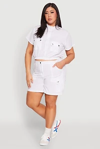 Womens Plus Size Nylon Utility Zip Up Top, White, Size 3X