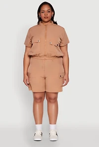 Womens Plus Size Nylon Utility Zip Up Top, Beige, Size 3X