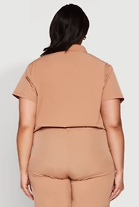 Womens Plus Size Nylon Utility Zip Up Top, Beige, Size 3X