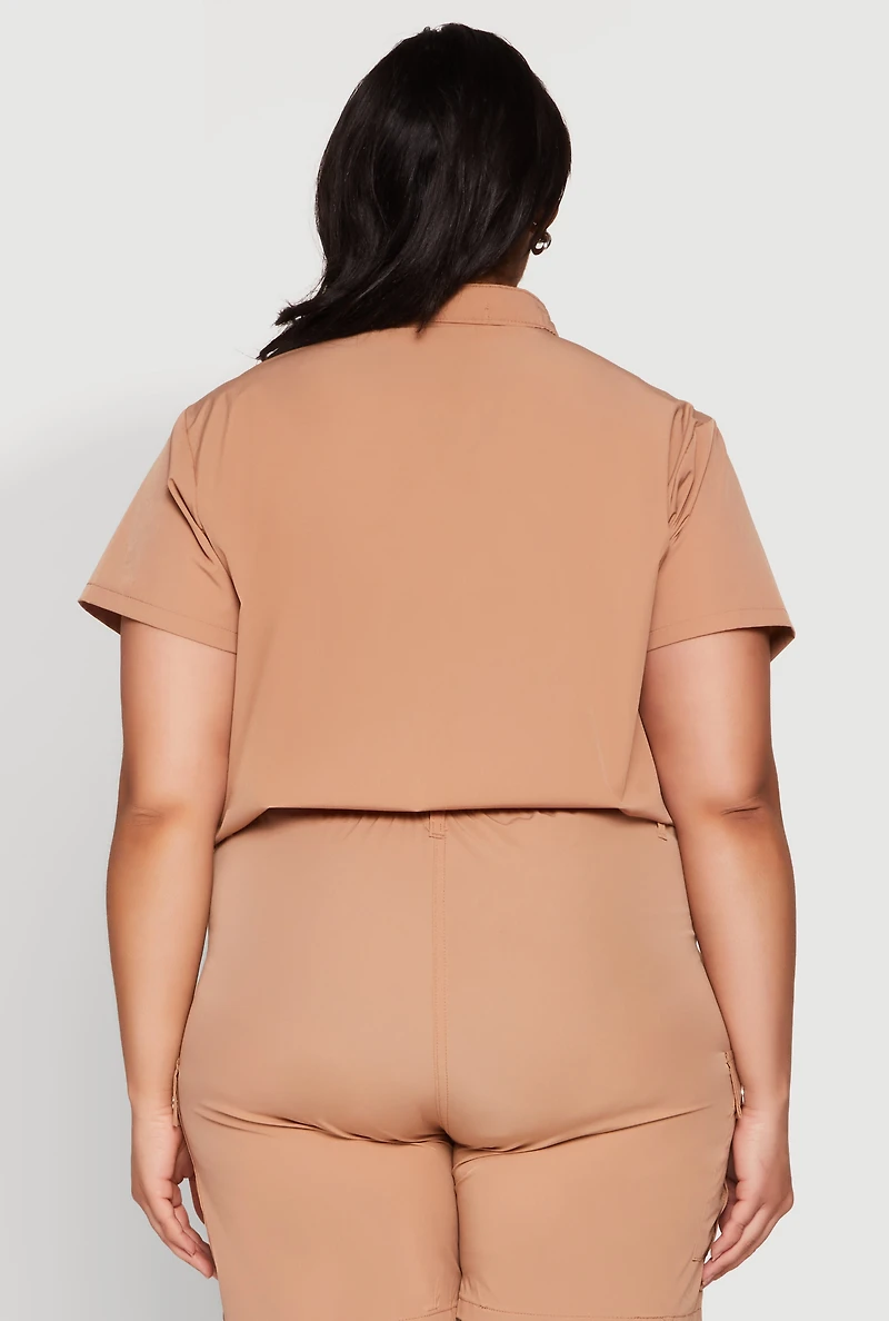 Womens Plus Size Nylon Utility Zip Up Top, Beige, Size 2X