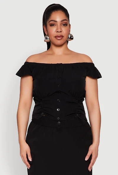 Womens Plus Size Nylon Drawstring Off the Shoulder Top, Black, Size 1X