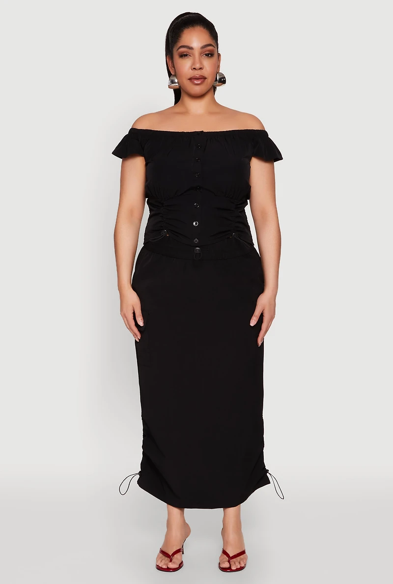 Womens Plus Size Nylon Drawstring Off the Shoulder Top, Black, Size 1X