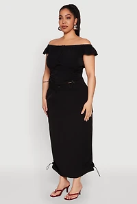 Plus Nylon Drawstring Off the Shoulder Top