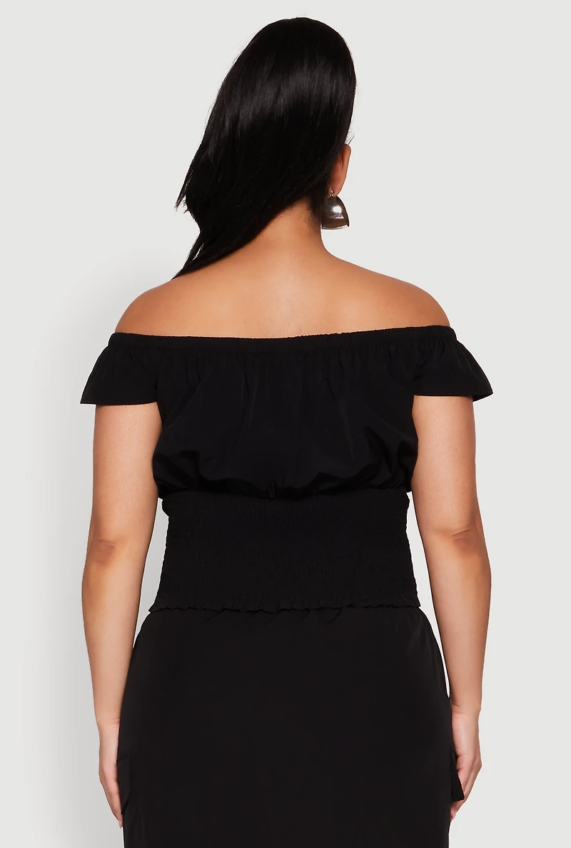 Womens Plus Size Nylon Drawstring Off the Shoulder Top, Black, Size 1X