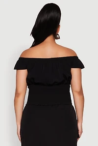 Womens Plus Size Nylon Drawstring Off the Shoulder Top, Black, Size 1X