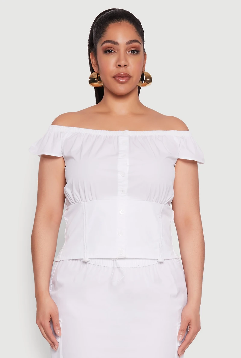 Womens Plus Size Nylon Drawstring Off the Shoulder Top, White, Size 1X