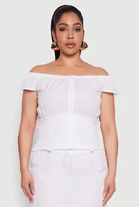 Womens Plus Size Nylon Drawstring Off the Shoulder Top, White, Size 1X