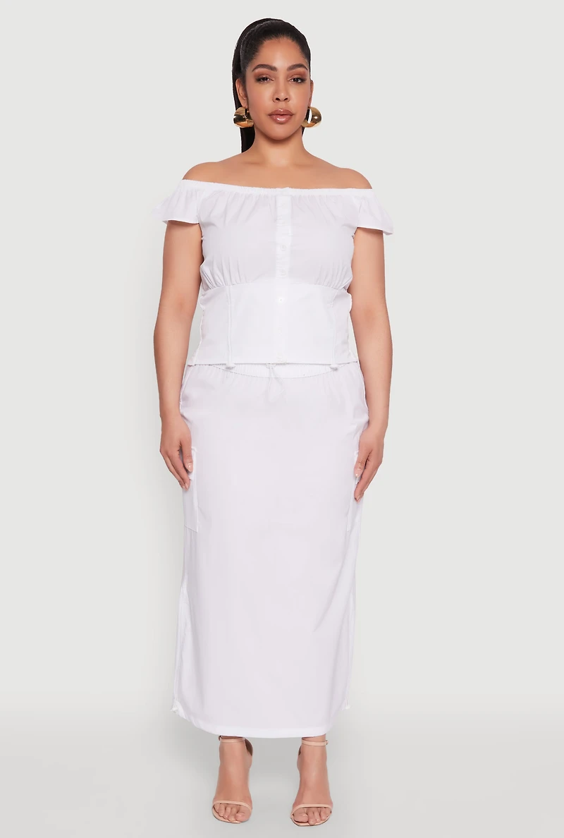 Womens Plus Size Nylon Drawstring Off the Shoulder Top, White, Size 1X