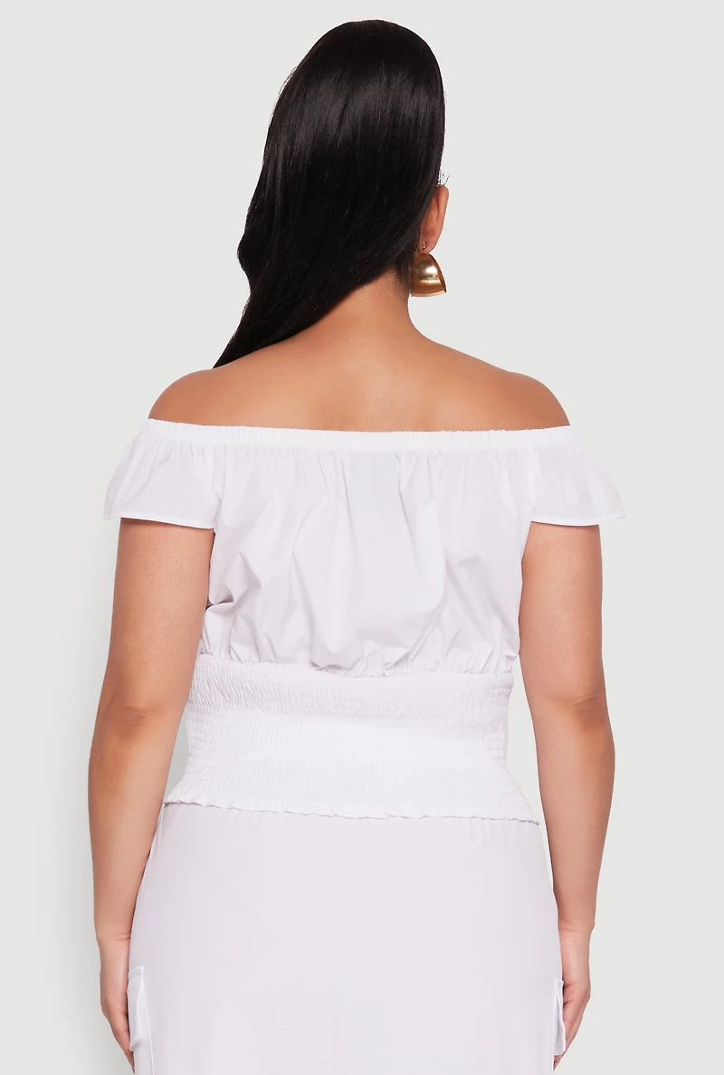 Womens Plus Size Nylon Drawstring Off the Shoulder Top, White, Size 1X