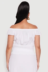 Womens Plus Size Nylon Drawstring Off the Shoulder Top, White, Size 1X