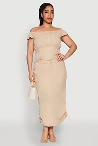 Womens Plus Size Nylon Drawstring Off the Shoulder Top, Beige, Size 1X