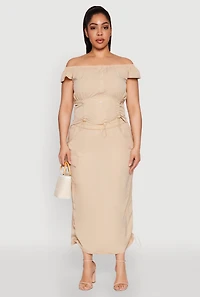 Womens Plus Size Nylon Drawstring Off the Shoulder Top, Beige, Size 1X