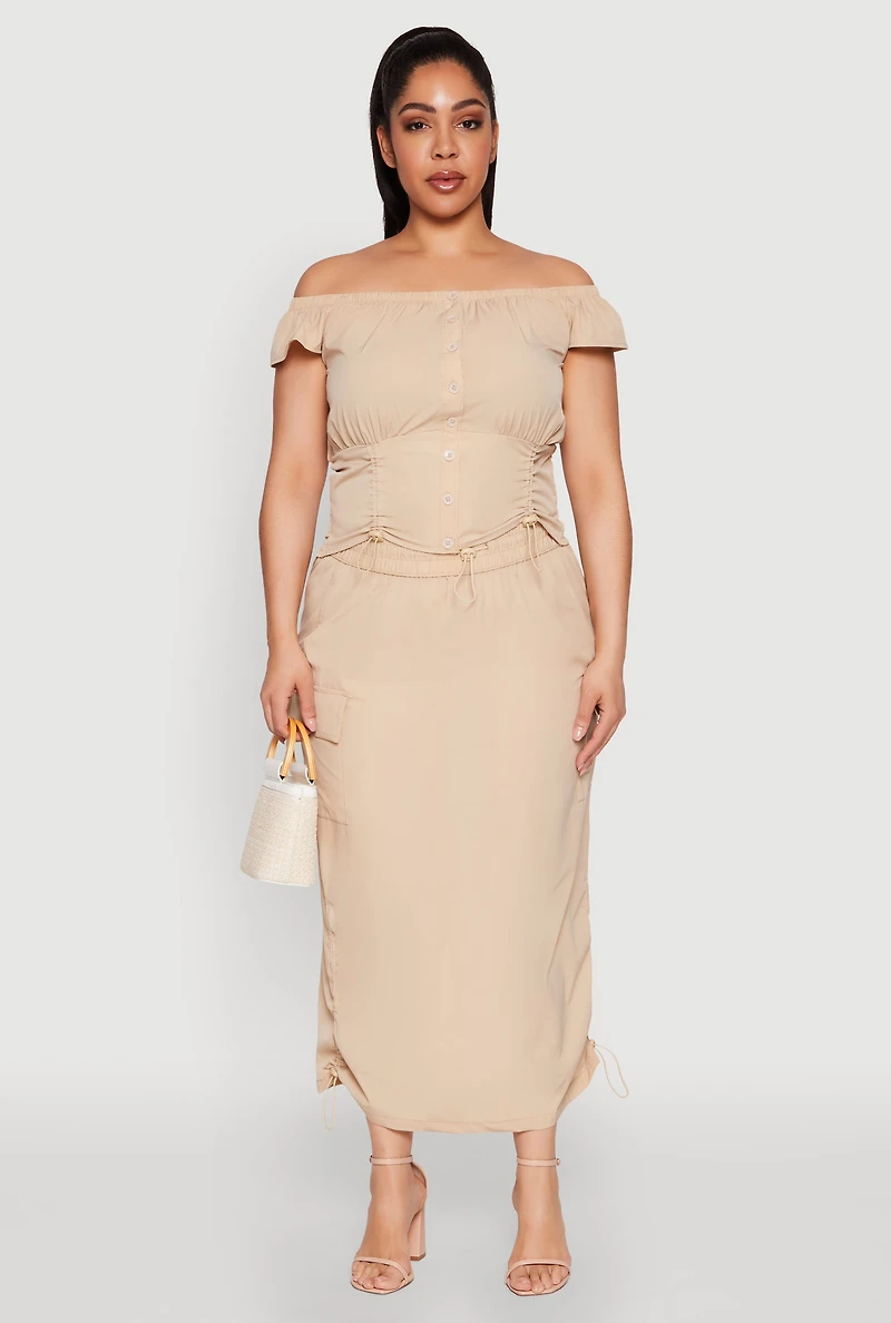 Womens Plus Size Nylon Drawstring Off the Shoulder Top, Beige, Size 2X